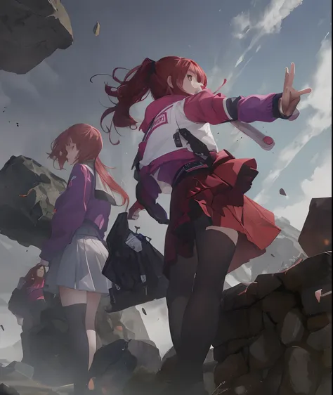 2girl, twins, two school girls, red mini skirt, purple jacket sleeves, red hair, falling rocks