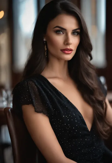 (sharp focus: 1.2), photo (full body) (American flat), attractive 25-year-old, in paris, sitting in a restaurant, (beautiful face: 1.1), detailed light brown eyes, delicious lips, (eye makeup: 0.85), (medium breasts: 1.0), (firm body: 1.2), (soft long blac...