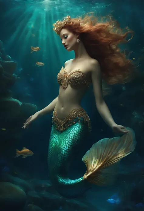 A mermaid dancing with grace in the depths of the ocean, Surrounded by shimmering pearls, In your underwater kingdom