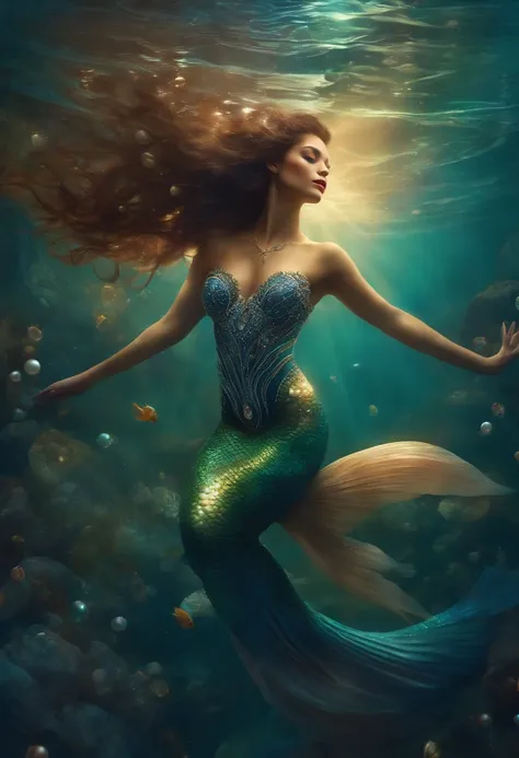 A mermaid dancing with grace in the depths of the ocean, Surrounded by shimmering pearls,