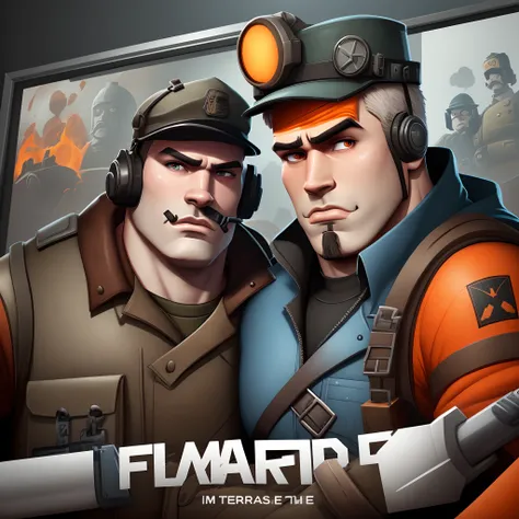 A poster for Team Fortress 2 with Heavy tf2, in the middle of the screen. The title in orange, arial and a motto