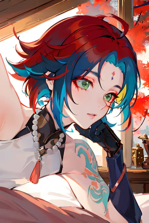 best quality, best anatomy, beautiful face, press arm on bed, xiao, (genshin impact), gloves, tattoo, arm tattoo, necklace, jewelry, red hair, dark red hair, bead necklace, mark on forehead, red mark on forehead, multicolored hair, beads, green eyes, 1boy,...