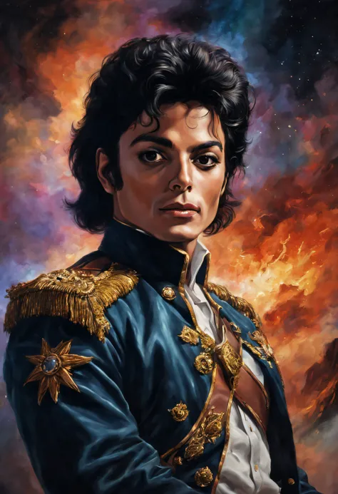 a facial portrait of Michael Jackson, oil painting on canvas in the art style of caravaggio, thomas kinkade, neal adams, frank frazetta, boris vallejo, Rembrandt, extremely colorful, outer space, planets, stars, galaxies, fire, explosions, smoke, volcanic ...