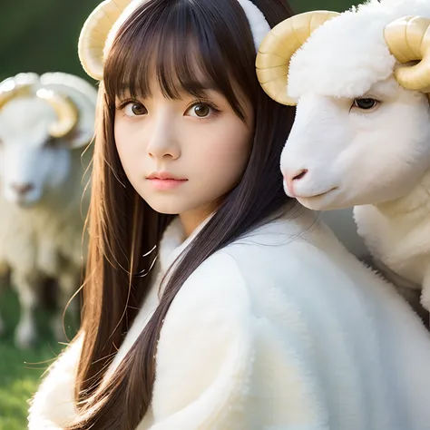 Little girl in white sheep、verd s eyes、Sheeps Eyes、White hair、Brown-skinned、Big horns