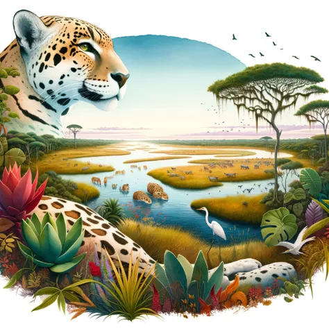 Illustration of a leopard and bird in a tropical landscape, wildlife illustration, full-colour illustration, by Roberto Parada, a beautiful artwork illustration, an illustration of, official illustration, Aquarela altamente detalhada 8 K, Aquarela altament...