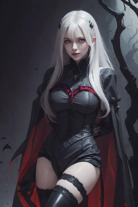 (halloween theme:1.3), (fantasy:1.3), (vampire queen:1.3), (silver long hair:1.3), (red eyes:1.3), (vampire fangs:1.3), (extreme...