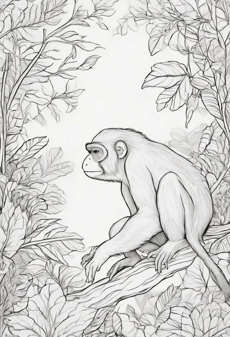 Livro para colorir de um macaco na floresta, estilo dos desenhos animados, linhas grossas, sem cor, fundo branco , strokes only