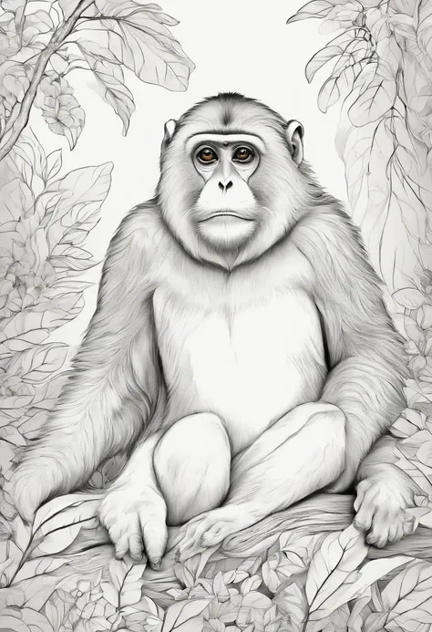 Livro para colorir de um macaco na floresta, estilo dos desenhos animados, linhas grossas, sem cor, fundo branco , strokes only