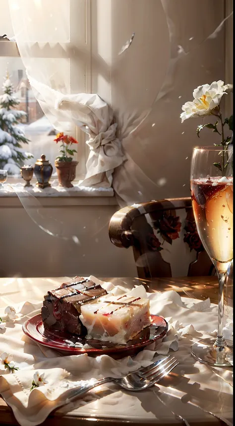 extreme close-up，clear，tmasterpiece，bar，delicious steak on the table，claret，wineglass，fruit platter，pottery vase with flowers，br...