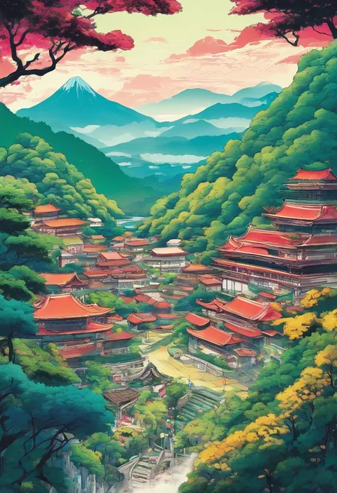 A peaceful village surrounded by lush forests and a distant, mountain range