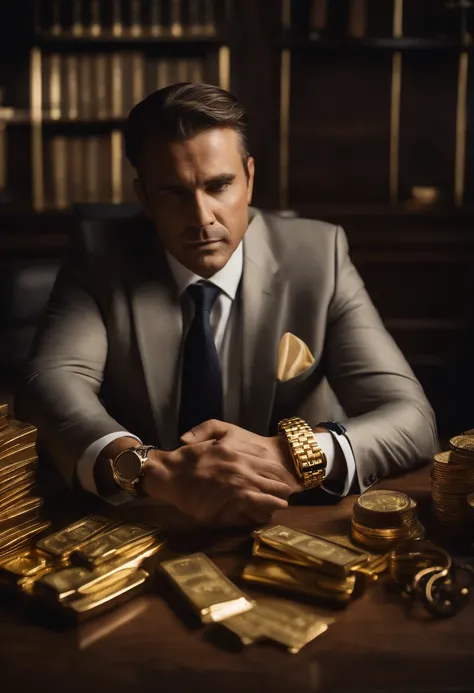 Portrait of a tycoon sitting in his office with gold lanyard and bracelet, Looking at his new gold watch in the box on top of his desk with some money bills organized and stacked along with gold bars and more jewelry