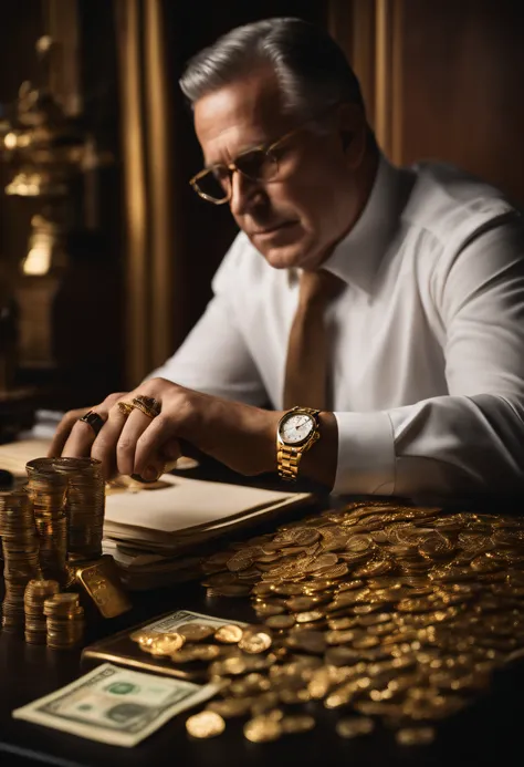 Portrait of a tycoon sitting in his office with gold lanyard and bracelet, Looking at his new gold watch in the box on top of his desk with some money bills organized and stacked along with gold bars and more jewelry