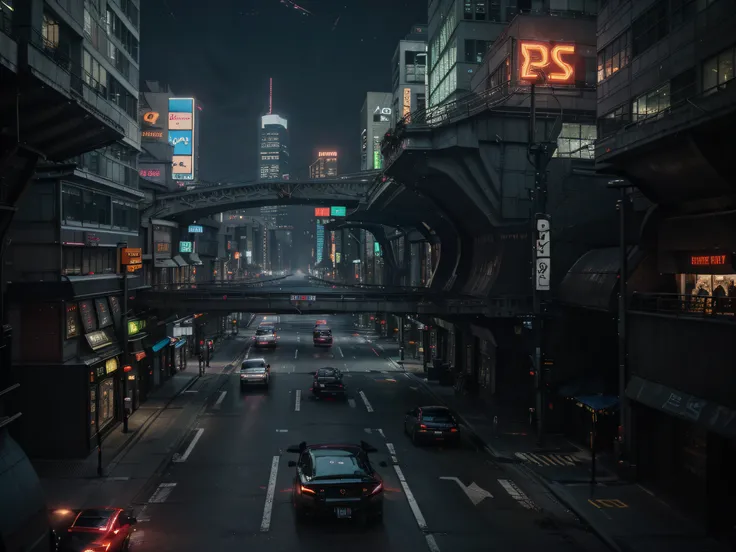 Cyberpunk streetscape with tall skyscrapers, Glowing neon signs and LED lights, traffic with futuristic cyberpunk cars and ((Flying cars in the sky)), Dark atmosphere, Cinematic lighting, Extremely detailed.