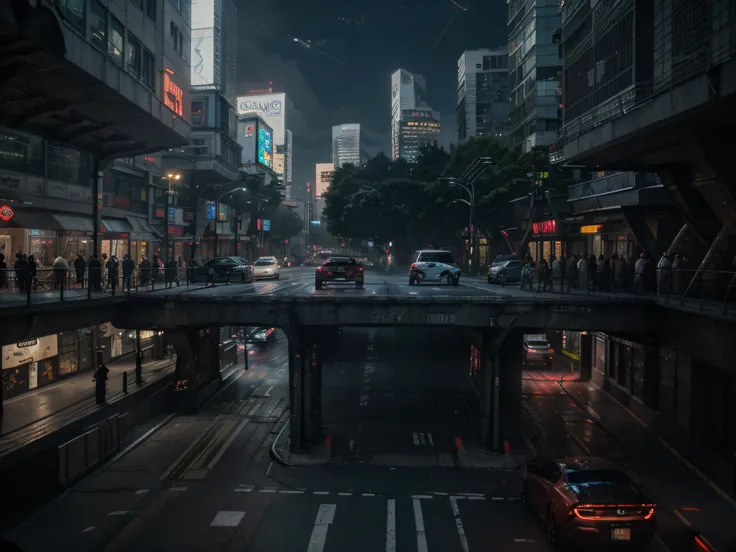 cyberpunk streetscape with tall skyscrapers, glowing neon signs and led lights, traffic with futuristic cyberpunk cars and ((fly...