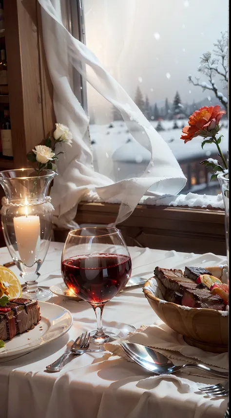 extreme close-up，clear，tmasterpiece，bar，delicious steak on the table，claret，wineglass，fruit platter，pottery vase with flowers，br...