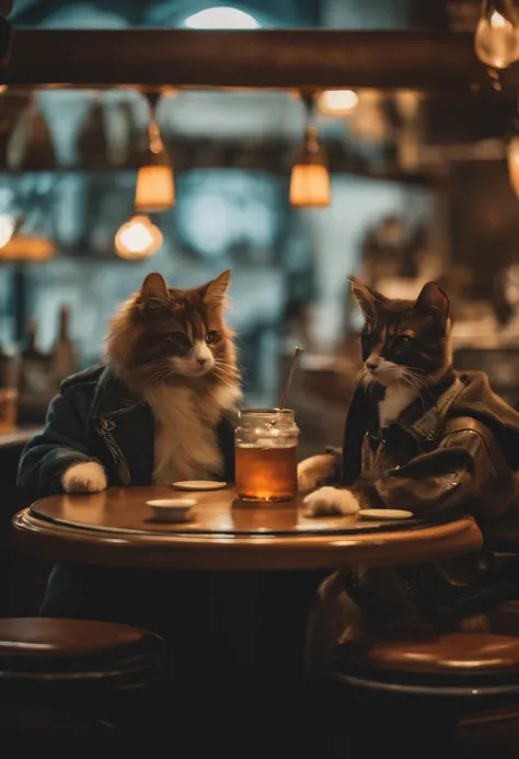 um cachorro e uma gato, Conhecido como cachorro e gato cyberpunks, bonitos, cachorrinhos, dogdogsdogs, e cachorros bonitos, Gatinhos, Gatos, catscatscats, e gatos bonitos. They sat together at the counter of a bar, vestindo roupas cyberpunks. They are cute...