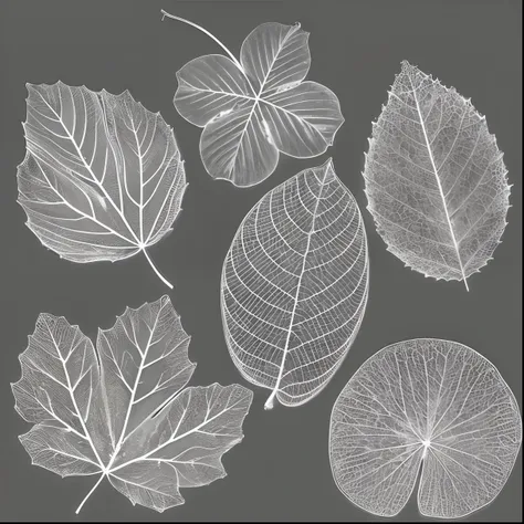 a set of four different leaves on a gray background, very detailed leaves, highly detailed leaves, translucent leaves, intricate art deco leaf designs, highly detailed green leaves, leaves, made of leaf skeletons, leaf, fractal leaves, intricate plants, in...