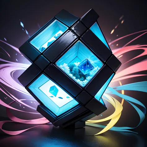 A neon cube in a black background