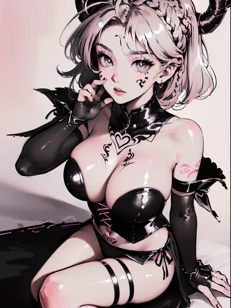 (((((((monochromatic world, using only shades of black and white and little pink,facial tattoo,pubic tattoo,))))))(((frills,head tilt，baggy skirt,maid dress ,side tie panties,thigh strap,))) (((blush:1.2,baggy cuffs,long fur gloves,breast scratching)))， (g...