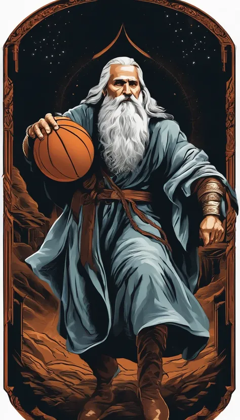 Wizard T-Shirts Vector Print with White Beard Playing Basketball, rayos, magia. Arte de estilo griego fusionado en una epopeya, Imagen detallada. Mastery in quality and lighting. Paisajes impresionantes e impactantes. Dynamic and powerful action. Efectos d...