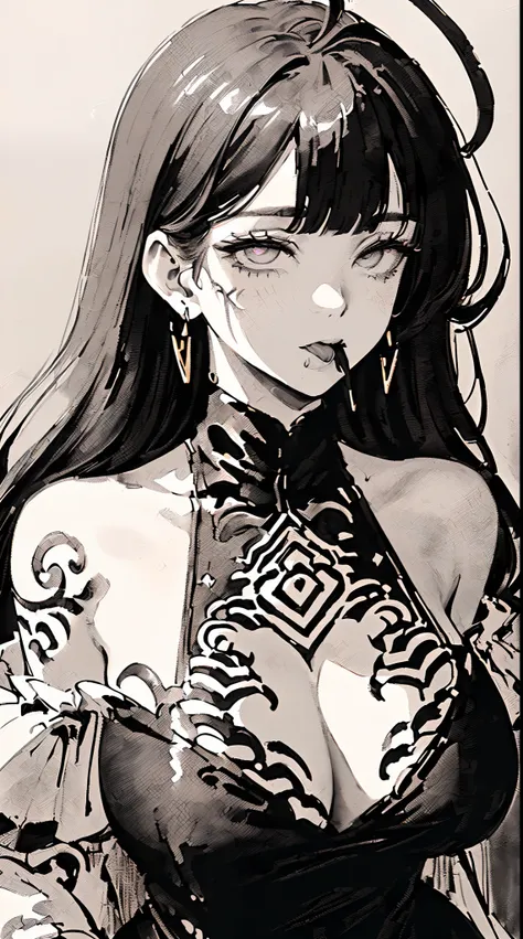 (((((((ink painting,monochromatic world, using only shades of black, white, and grey,Dark Style, Grim,pubic tattoo,))))))(((off shoulders,cleavage dress,high turtleneck sweater,))) (((saliva,tongue from mouth,blush:1.7,baggy cuffs,off shoulders)))，(zentang...