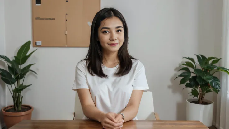 portrait of a cute girl FILMING HERSELF FOR YOUTUBE , sitting correctly in an office, black hair, explaining, long eyelashes, upper body, solid circle eyes, cute small nose , light smile, facing viewer, Surrealism, drop shadow, 8k, super detail, best quali...