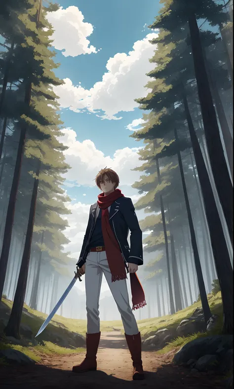 Anime style, anime style, light brown hair, brown eyes, wearing white clothes and dark blue pants, with a long red scarf, black boots, with a sword in the right hand, staring at a giant forest on a sunny day with a few Clouds in the sky