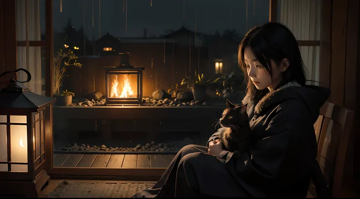 Inside a Tokyo house, open fire, It is a rainy night, very dark, There is a 35 year old woman sitting on a very comfortable chair, wrapped in a blanket, holding a cat, non-sexualised, in pensive mood, looking away from camera, looking out of open window at...