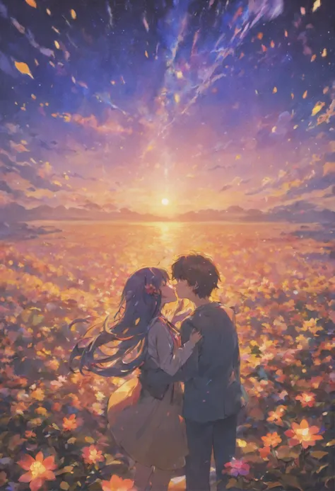 Dream colors,tmasterpiece,detaileds,starryskybackground,Clouds,light and shadow effect，Film Effects,Rich in color，（（a couple）），embracing each other，（（（（In a kiss）））），Petals rained down，Full Moon Night，flower bloom，blurred foreground，depth of field effect，A...