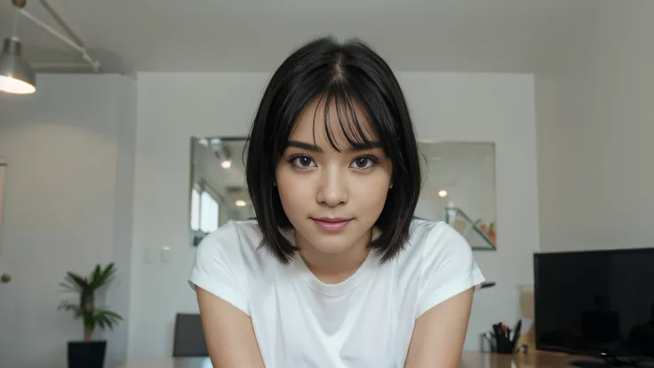 portrait of a cute girl FILMING HERSELF FOR YOUTUBE , sitting correctly in an office, black hair, explaining, long eyelashes, upper body, solid circle eyes, cute small nose , light smile, facing viewer, Surrealism, drop shadow, 8k, super detail, best quali...