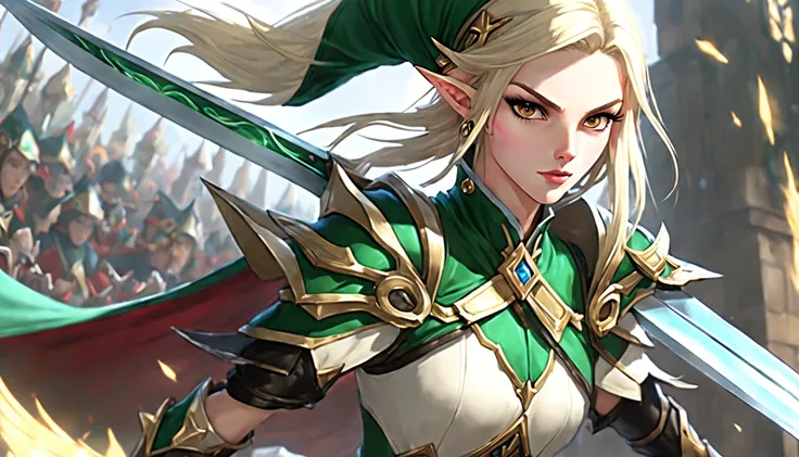 an image of a female elf (Detalhes intensos, master part, melhor qualidade: 1.5) fantasia swashbuckler, esgrimista de fantasia, armado com uma espada fina, Espada Brilhante, metallic luster, roupas coloridas, Dynamic clothing, cute epic female elf (Detalhe...