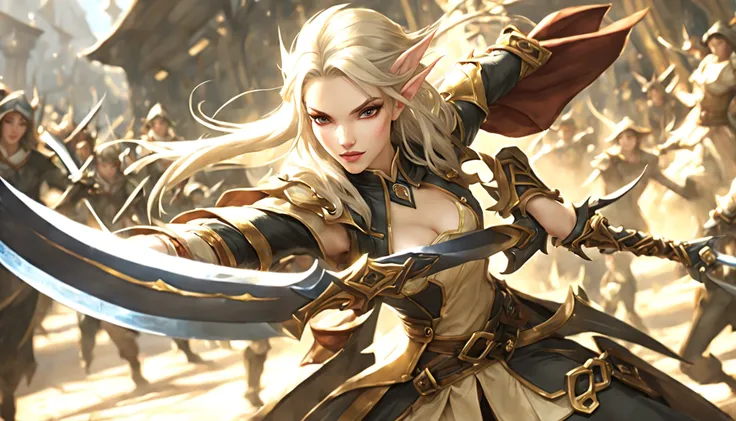 an image of a female elf (Detalhes intensos, master part, melhor qualidade: 1.5) fantasia swashbuckler, esgrimista de fantasia, armado com uma espada fina, Espada Brilhante, metallic luster, roupas coloridas, Dynamic clothing, cute epic female elf (Detalhe...