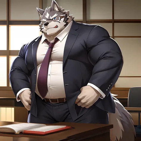 Wolf, Tokyo Afterschool Summoners, Muscle, musclegut, muscle intestinal,Male mature, Teacher , Kemono,tie, collared shirt, Black Suit,RPG game, Character Housamo.