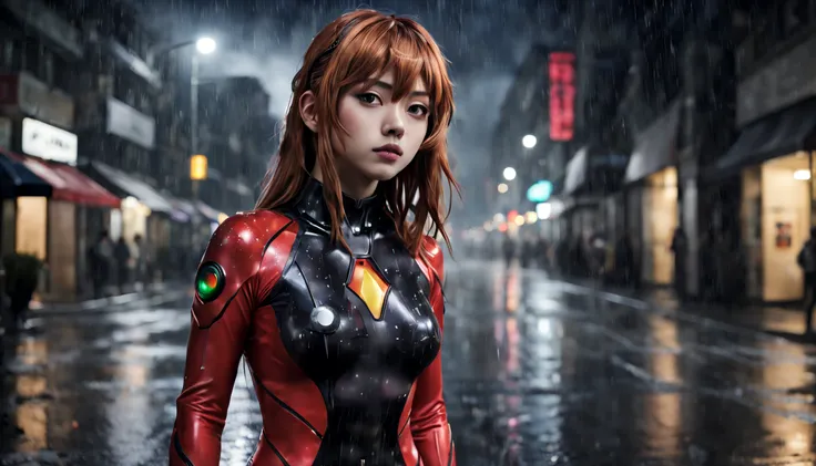 best quality, masterpiece, realistic, photorealistic, 1girl, solo, looking at viewer, full body, standing, long hair, asuka cosplay costume, cosplay, plugsuit, bodysuit, hair ornament, detailed background, in street, night, light, rain,