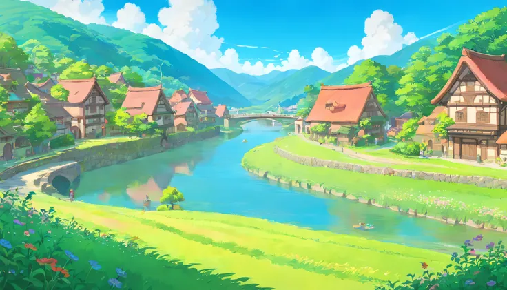 Scenery of meadows，There is a river with fish inside, Blue sky, Village district, anime big breast