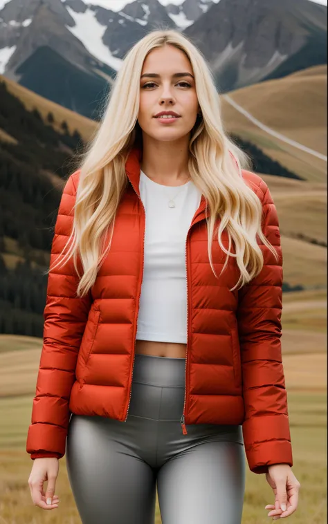 A woman with a red jacket and gray leggings standing in a field, Menina dos Alpes, frio como gelo! 🧊, roupas de caminhada, A complete portrait of the Nordic female, jaqueta laranja, modelo usa jaqueta puffer, jaqueta puffer, hannah yata charlie immer, jaqu...