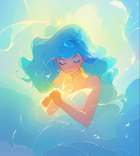 beautiful girl surrounded by liquid light, long wavy blue hair, watercolor illustration, inspired by Glen Keane, inspired by Lois van Baarle, disney art style, by Lois van Baarle, glowing aura around her, by Glen Keane, jen bartel, glowing lights! digital ...