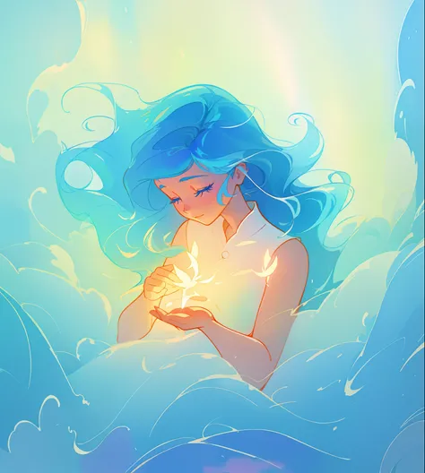 beautiful girl surrounded by liquid light, long wavy blue hair, watercolor illustration, inspired by Glen Keane, inspired by Lois van Baarle, disney art style, by Lois van Baarle, glowing aura around her, by Glen Keane, jen bartel, glowing lights! digital ...