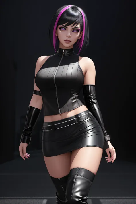 beautiful girl, ((standing:1.4)), (confident gaze:1.1), full body, short bright neon streaked black hair, ((realistic highly detailed eyes:1.4)), ((seductive pose:1.2)), black eyeshadow, (street style wear:1.2), ((tight fitted skirt)), ((knee high leather ...