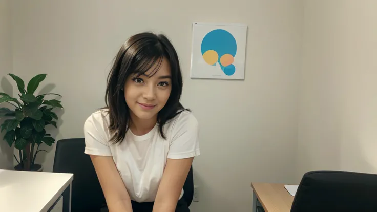 portrait of a cute girl FILMING HERSELF FOR YOUTUBE , sitting correctly in an office, black hair, explaining, long eyelashes, upper body, solid circle eyes, cute small nose , light smile, facing viewer, Surrealism, drop shadow, 8k, super detail, best quali...