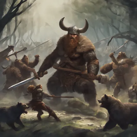 viking warriors fighting with a bear in a florest