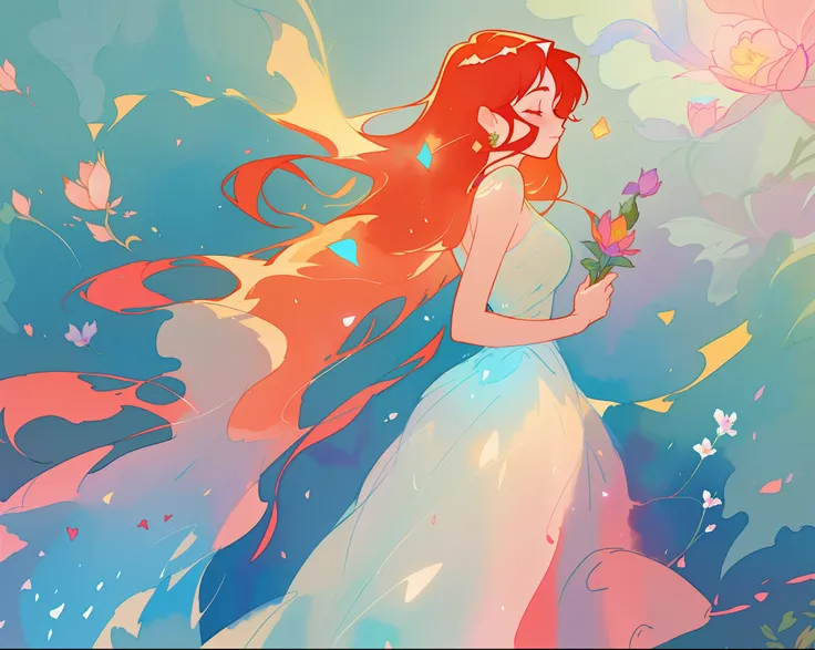 beautiful girl in flowing shimmering dress, fairy dress, long red hair, magical, whimsical, watercolor illustration, flowers and colorful plants, inspired by Glen Keane, inspired by Lois van Baarle, disney art style, by Lois van Baarle, glowing aura around...