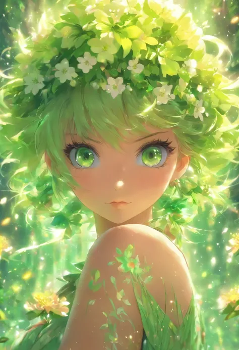 ((best quality)), ((masterpiece)), (detailed), a cute girl, tiny, holding a green staff, short flowering dress, green eyes, flowers in hair, anime style