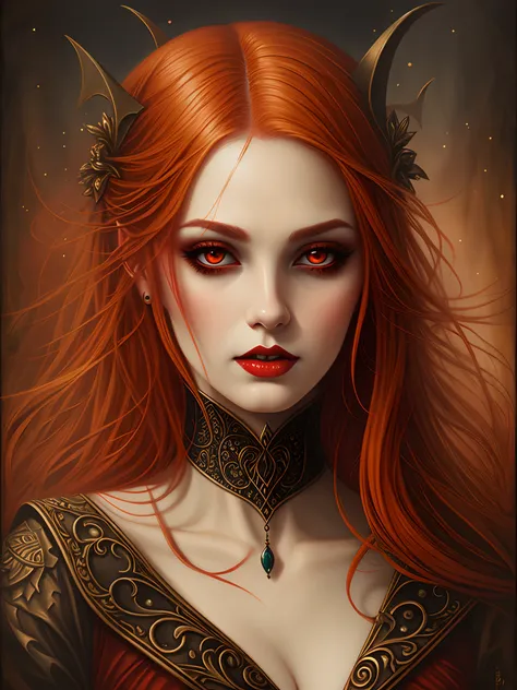 a female vampire with fang, dark orange-red hair, blood cup, dark fantasy, cemetery background, tom bagshaw --auto --s2