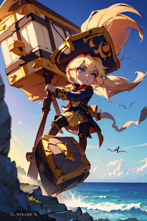 Highly detailed, High Quality, Masterpiece, beautiful, Poppy, yordle, pirate clothes, victorian pirate clothes, 1girl, solo, blonde hair, carrying a giant hammer, giant hammer, Impressionist landscape of a ocean coast in autumn