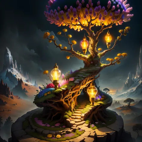 dragon tooth, light bulb, anthill, tree, beautiful detailed flowers, realistic, vibrant colors, HDR, ultra-detailed, high-res masterpiece:1.2, vivid colors, dreamlike landscape, soft lighting, botanic fantasy