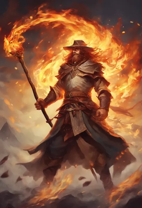 powerfull wizard, spitting flames, medieval battlefield