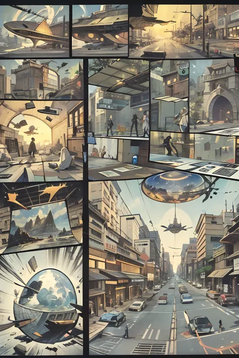 comic strip，Cartoon Split（4 or 5 or 6 tiles），Storyboard，Masterpiece, 。sudden，A spaceship fell from the sky，Falls in the middle of the street。 Enhanced detail