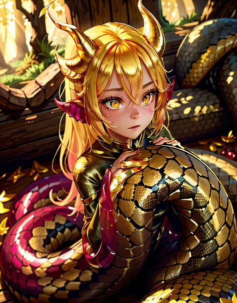 detailed snake skin, (adult ), solo focus, (lamia), stoic, monster girl, (short horns), beautiful eyes, beautiful background, ab...