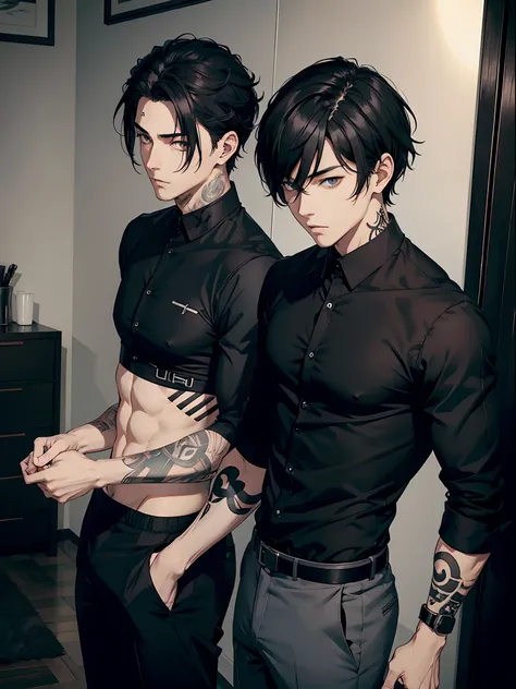 anime handsome man, black shirt and formal pants, black hair, gray eyes, tattooes, slim